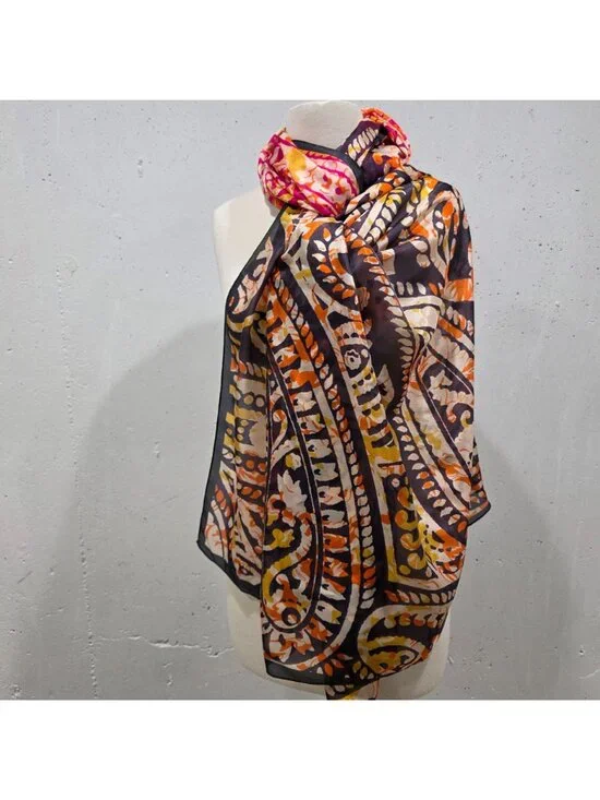 Vibrant Paisley Print Silk Large Wrap Scarf In Pink Orange & Black 42"x96" - Picture 2 of 9